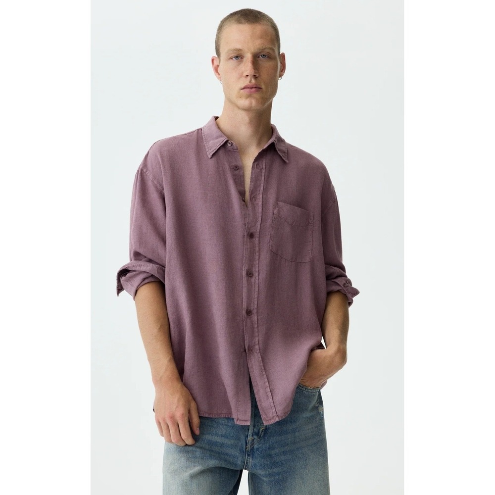 Relaxed Oversized Long Sleeve Button Down Shirt Burgundy Linen Lyocell Blend